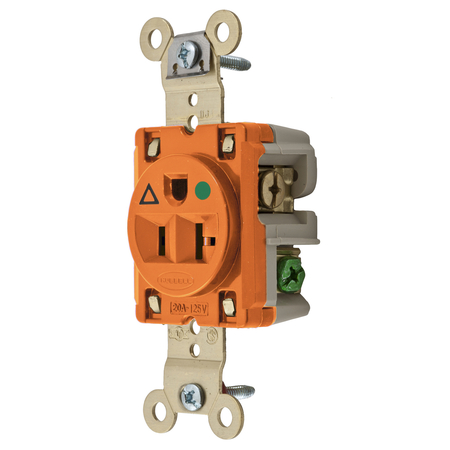 HUBBELL WIRING DEVICE-KELLEMS Straight Blade Devices, Receptacles, Single, Isolated Ground, Hospital Grade, 2-Pole 3-Wire Grounding, 20A 125V, 5-20R, Orange, Single Pack IG8310